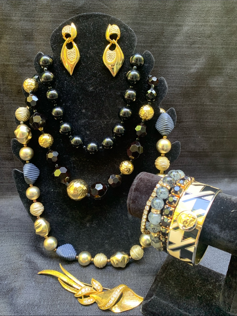 Gold and Black Statement Necklaces with Earrings and Spartina Daufuskie bracelet